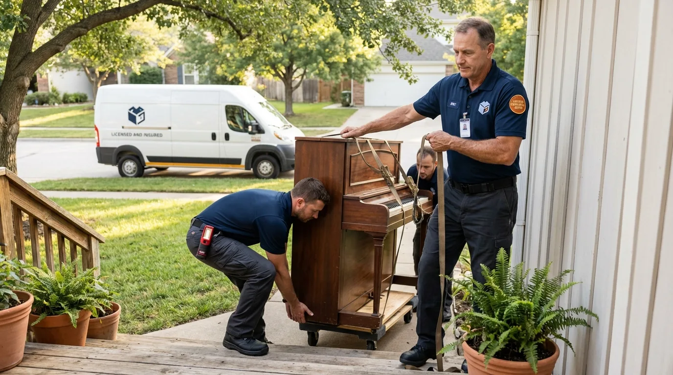 Licensed piano movers securing grand piano in Centreville, MD