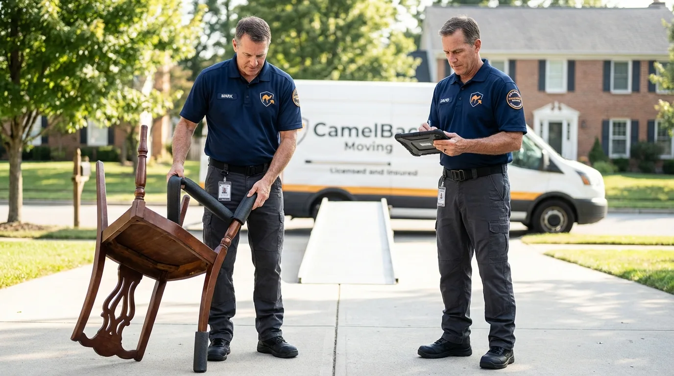 Movers inspecting furniture for damage prevention before loading in Centreville, MD