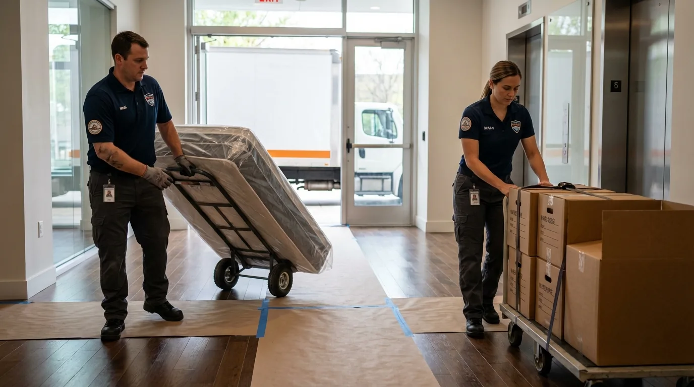 Professional apartment movers loading elevator in Centreville, MD