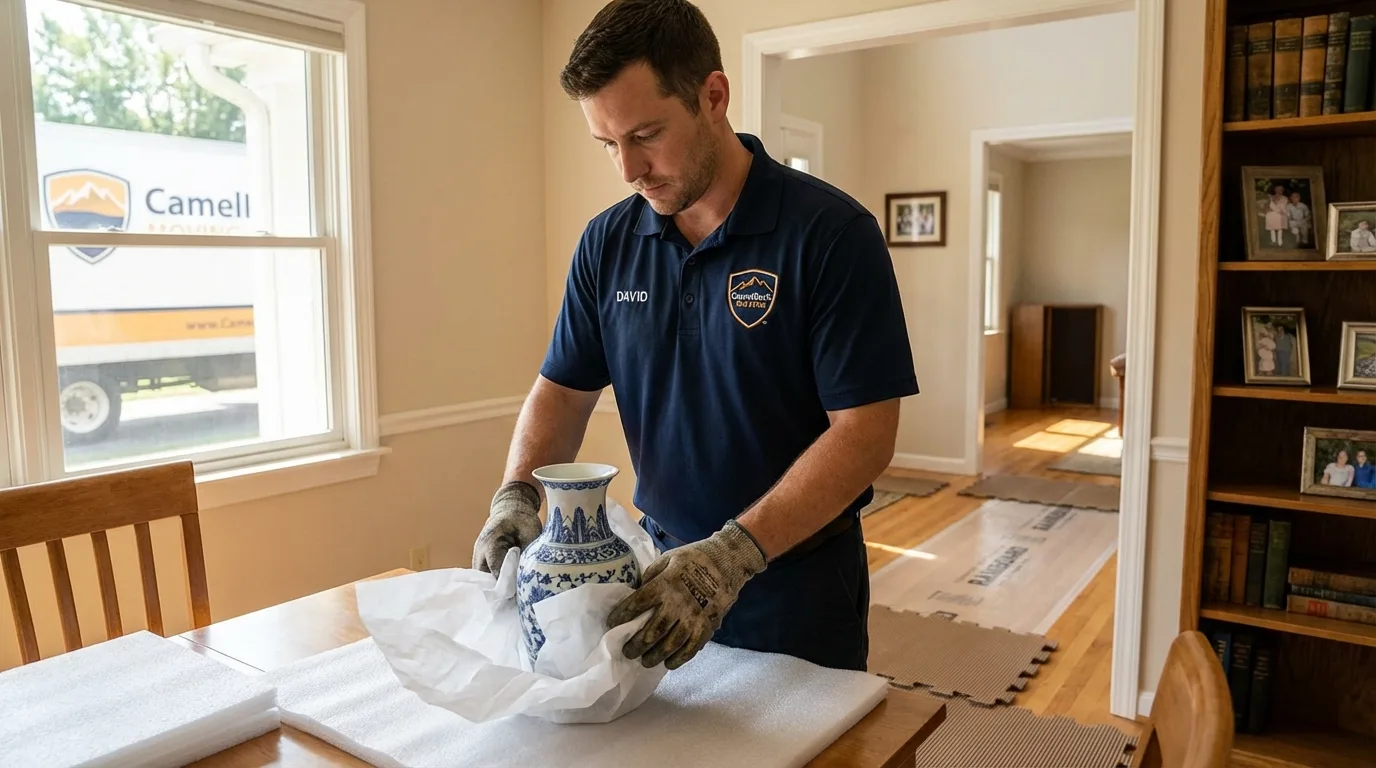 Professional crew carefully wrapping antique vase for senior downsizing move in Centreville, MD